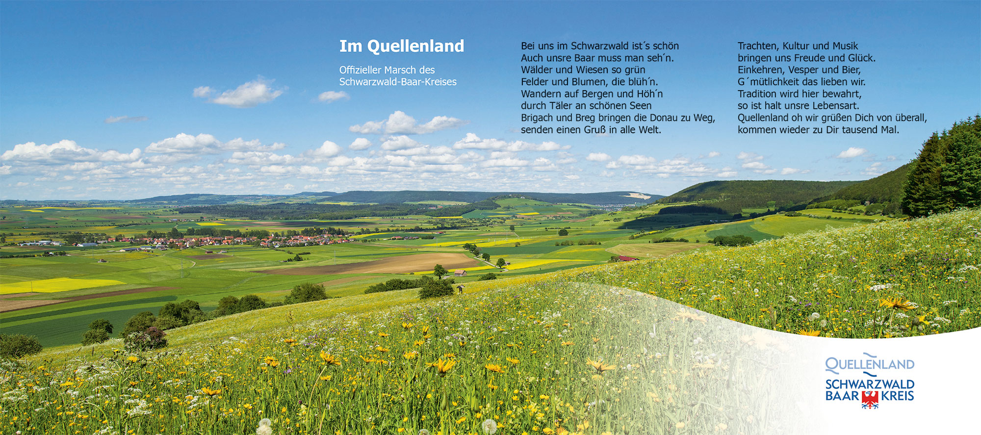 Coverbild "Im Quellenland - offizieller Marsch des Schwarzwald-Baar-Kreises". Zu sehen ist eine bl&uuml;hende Fr&uuml;hlingslandschaft auf der Baar. Gr&uuml;ne Wiesen voller L&ouml;wenzahnbl&uuml;hten, sowie D&ouml;rfer in der Ferne pr&auml;gen die idyllische Landschaft.